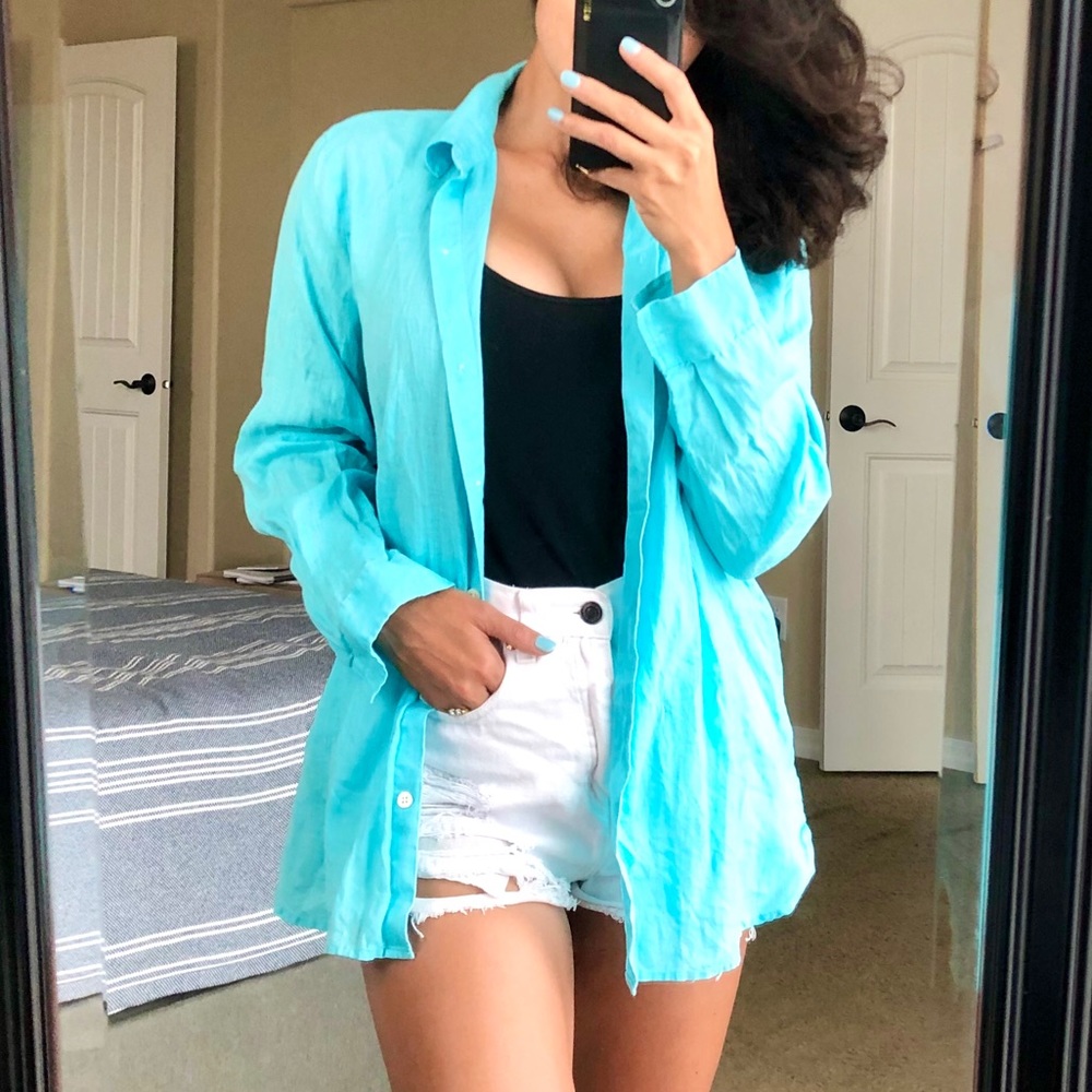 J. JILL Love Linen Teal Blue Button Down Shirt
